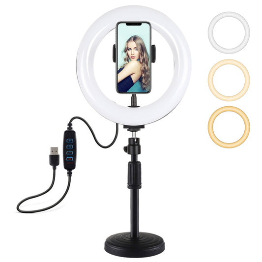 PULUZ 7.9 inch 20cm Light+ Round Base Desktop Holder USB 3 Modes Dimmable Dual Color Temperature LED Curved Light Ring Vlogging Selfie Photography Video Lights with Phone Clamp