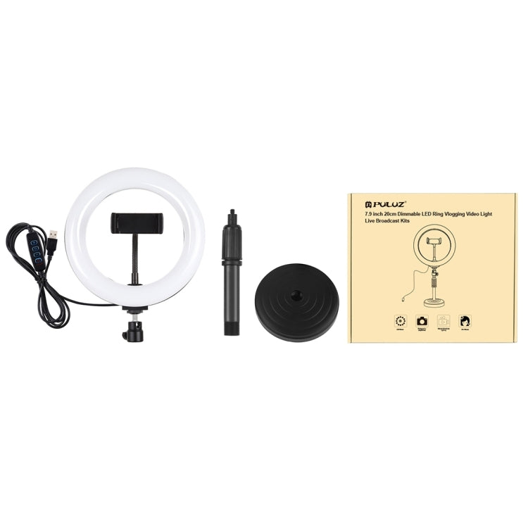 PULUZ 7.9 inch 20cm Light+ Round Base Desktop Holder USB 3 Modes Dimmable Dual Color Temperature LED Curved Light Ring Vlogging Selfie Photography Video Lights with Phone Clamp