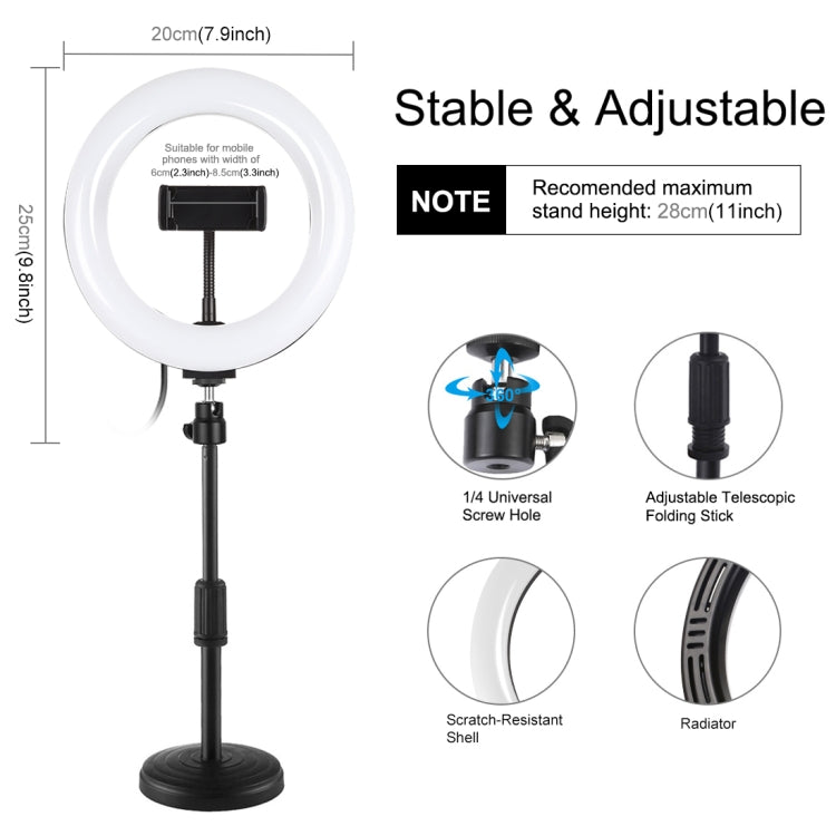 PULUZ 7.9 inch 20cm Light+ Round Base Desktop Holder USB 3 Modes Dimmable Dual Color Temperature LED Curved Light Ring Vlogging Selfie Photography Video Lights with Phone Clamp