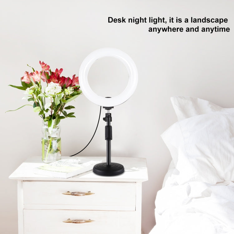 PULUZ 7.9 inch 20cm Light+ Round Base Desktop Holder USB 3 Modes Dimmable Dual Color Temperature LED Curved Light Ring Vlogging Selfie Photography Video Lights with Phone Clamp