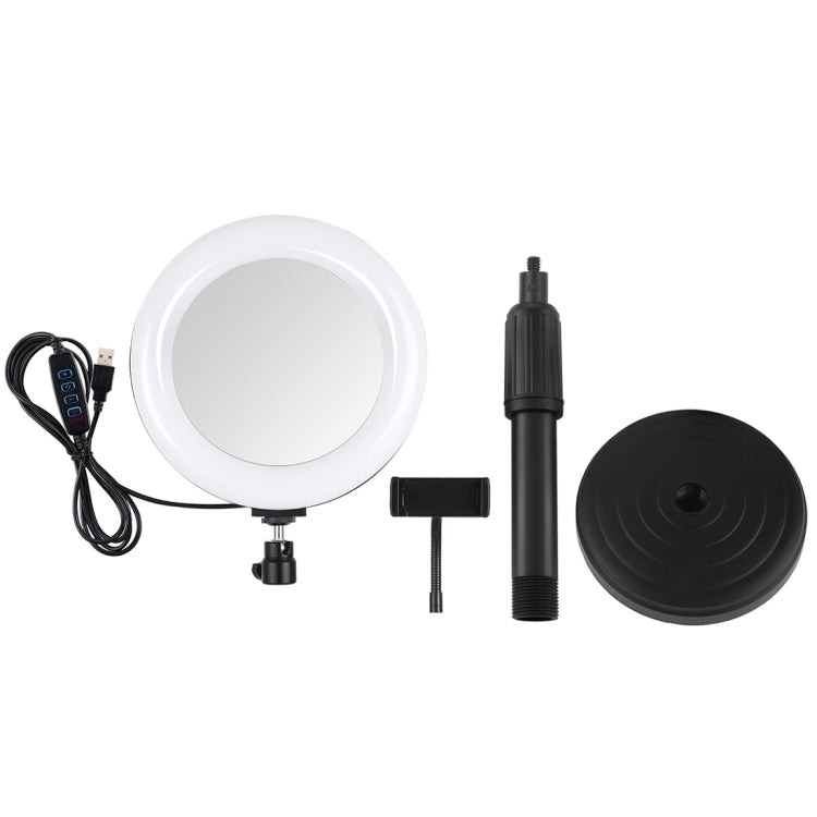 PULUZ 7.9 inch 20cm Mirror Light + Round Base Desktop Mount 3 Modes Dimmable Dual Color Temperature LED Curved Light Ring Vlogging Selfie Photography Video Lights with Phone Clamp