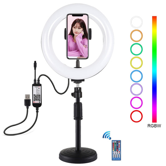 PULUZ 7.9 inch 20cm RGBW Light + Round Base Desktop Mount Dimmable LED Dual Color Temperature LED Curved Light Ring Vlogging Selfie Photography Video Lights with Phone Clamp