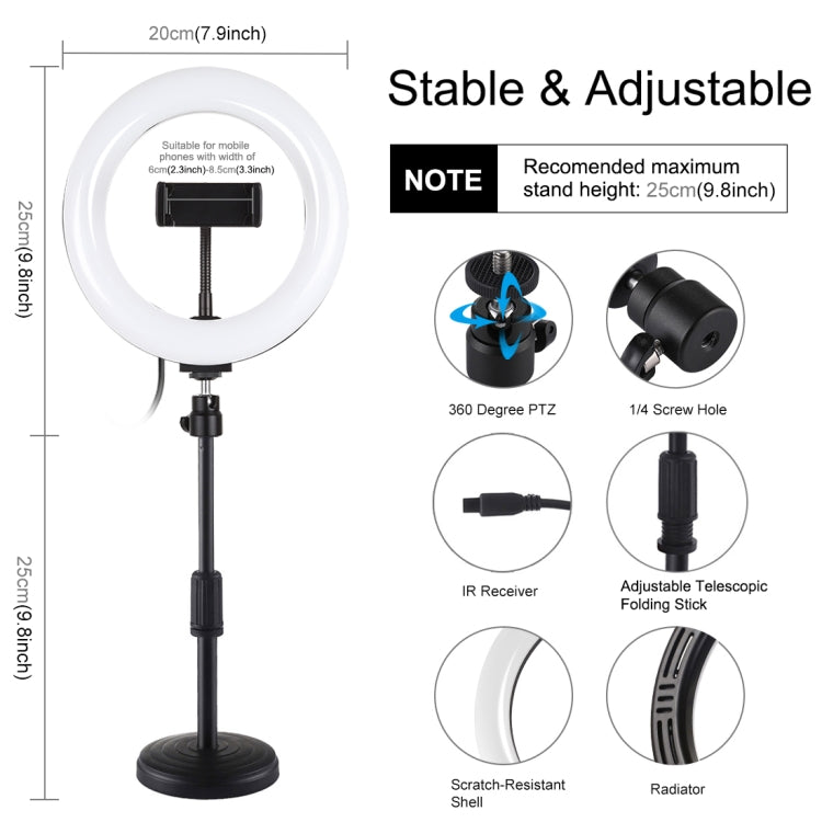 PULUZ 7.9 inch 20cm RGBW Light + Round Base Desktop Mount Dimmable LED Dual Color Temperature LED Curved Light Ring Vlogging Selfie Photography Video Lights with Phone Clamp