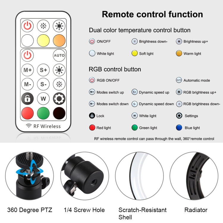 PULUZ 10.2 inch 26cm Marquee LED RGBWW Selfie Beauty Light + Desktop Tripod Mount 168 LED Dual-color Temperature Dimmable Ring Vlogging Photography Video Lights with Cold Shoe Tripod Ball Head & Remote Control & Phone Clamp