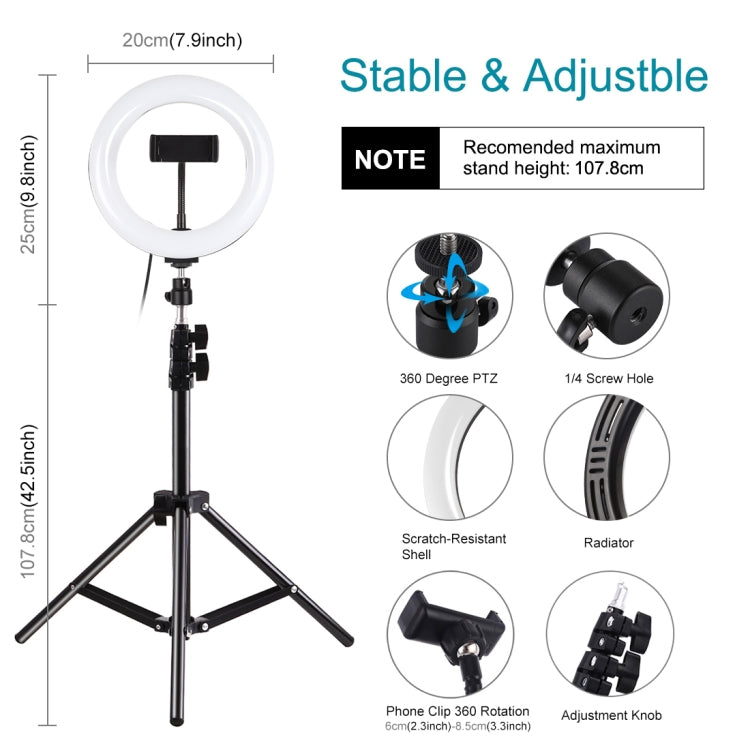 PULUZ 7.9 inch 20cm Light+ 1.1m Tripod Mount USB 3 Modes Dimmable Dual Color Temperature LED Curved Light Ring Vlogging Selfie Photography Video Lights with Phone Clamp