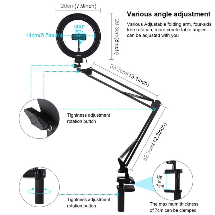 PULUZ 7.9 inch 20cm Ring Curved Light + Desktop Arm Stand USB 3 Modes Dimmable Dual Color Temperature LED Vlogging Selfie Photography Video Lights with Phone Clamp