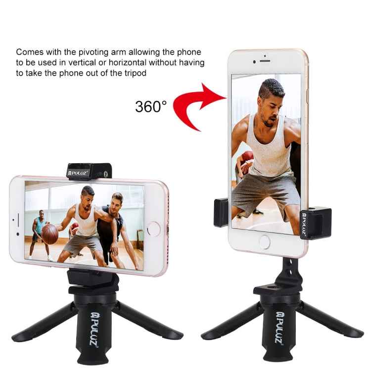 PULUZ Folding Plastic Tripod + Horizontal / Vertical Shooting Metal Clamp with Cold Shoe for iPhone, Galaxy, Huawei, Xiaomi, Sony, HTC, Google and other Smartphones