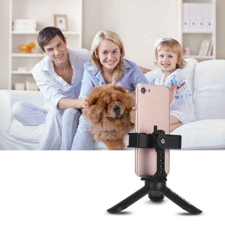 PULUZ Folding Plastic Tripod + Horizontal / Vertical Shooting Metal Clamp with Cold Shoe for iPhone, Galaxy, Huawei, Xiaomi, Sony, HTC, Google and other Smartphones