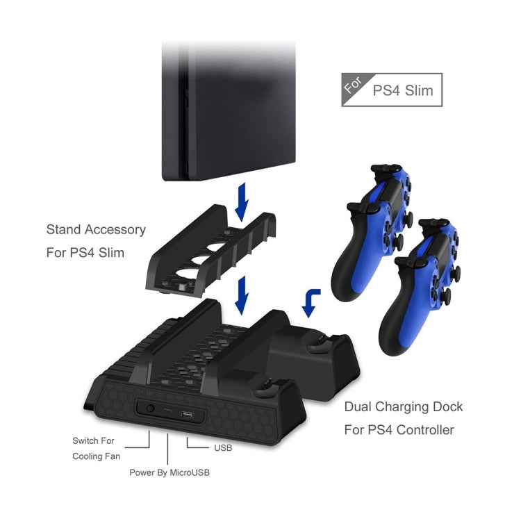 DOBE TP4-882 3 in 1 Game Console Cooling Fan + Game Storage Slots + Game Controller Charging Dock for Sony PS4 / PS4 Pro / PS4 Slim