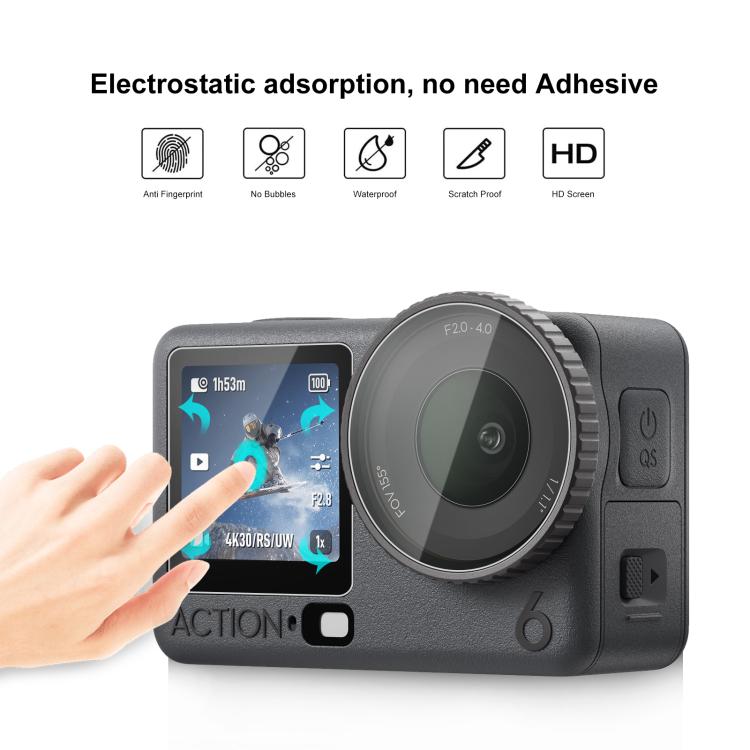 For DJI Osmo Action 6 / 6 Pro PULUZ Lens + Front and Back Screen Tempered Glass Film, Tempered Glass Film