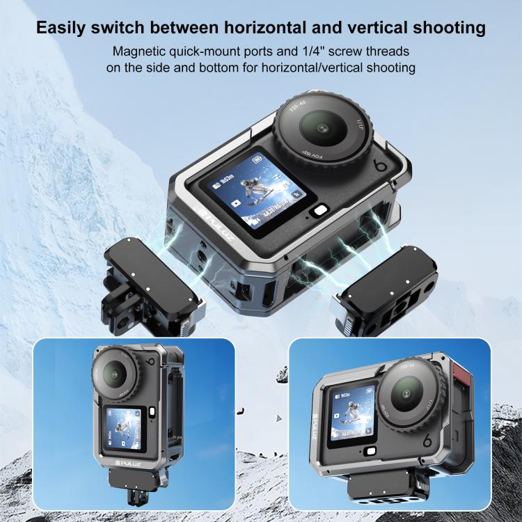 For DJI Osmo Action 6 PULUZ Metal Dual-Opening Camera Cage Expandable Frame with Silicone Lens Cap, Dual-Opening Cage