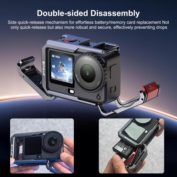 For DJI Osmo Action 6 PULUZ Metal Dual-Opening Camera Cage Expandable Frame with Silicone Lens Cap, Dual-Opening Cage