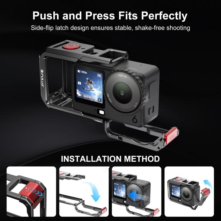 For DJI Osmo Action 6 PULUZ Metal Dual-Opening Camera Cage Expandable Frame with Silicone Lens Cap, Dual-Opening Cage
