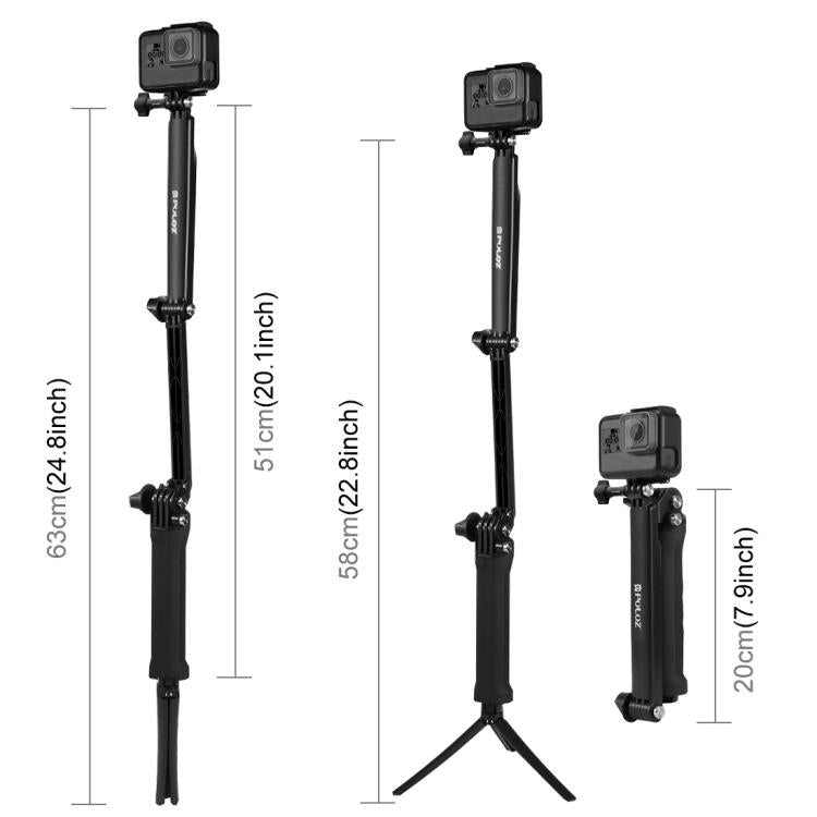 PULUZ 3-Way Grip Foldable Tripod Selfie-stick Extension Monopod for GoPro, Insta360 ONE R, DJI Osmo Action and Other Action Cameras, Length: 20-58cm, Length: 20-58cm, Length: 20-58cm(AE)
