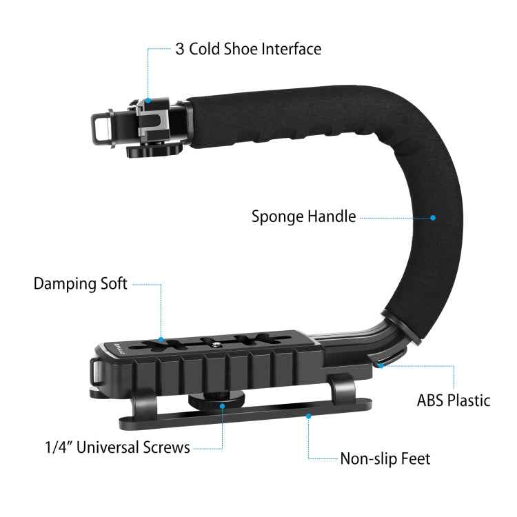 PULUZ U/C Shape 3-Head Cold Shoes Portable Handheld DV Bracket Stabilizer Kit with Cold Shoe Tripod Head & Phone Clamp & Quick Release Buckle & Long Screw for All SLR Cameras and Home DV Camera