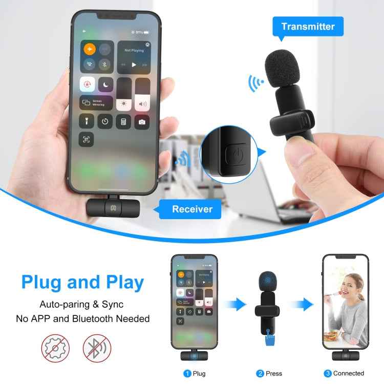 PULUZ Wireless Lavalier Noise Reduction Reverb Microphone for 8-Pin Device, Support Phone Charging