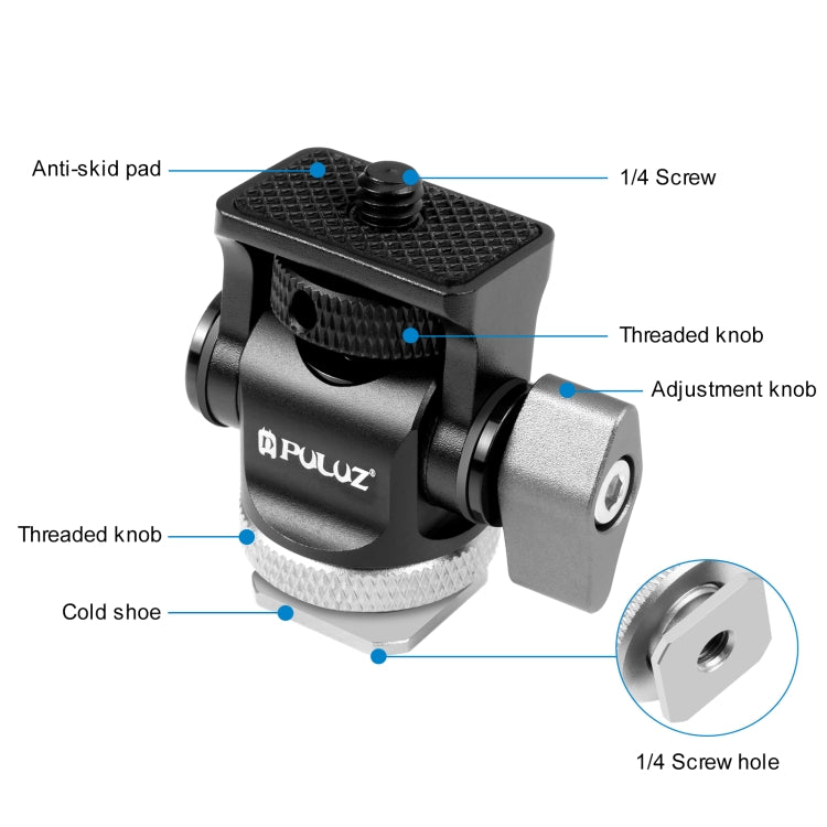 PULUZ Mini 180 Degree Swing Tripod Ball Head Cold Shoe Mount Adapter, Mini 180 Degree Ball Head(Silver), Mini 180 Degree Ball Head(Red)