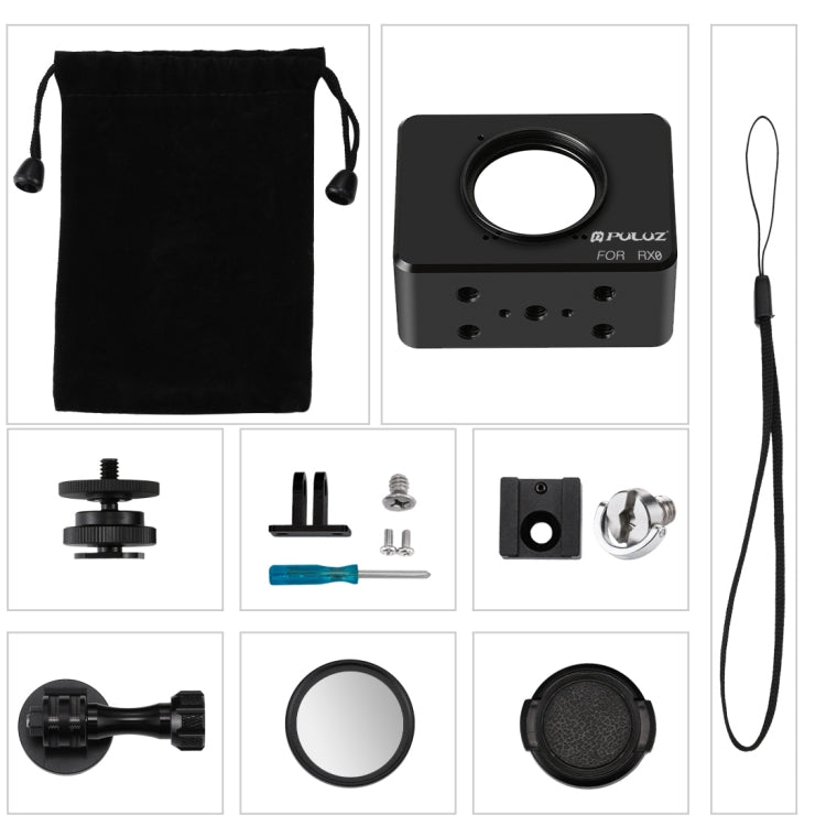 PULUZ Housing Shell CNC Aluminum Alloy Protective Cage with 37mm UV Lens & Base Mount & Screw for Sony RX0, Cage Kits Black