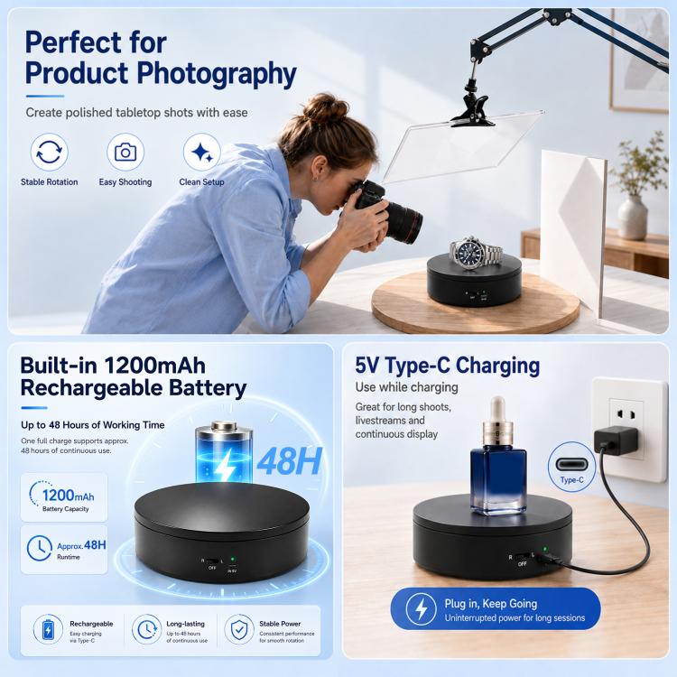 PULUZ 15cm Electric Rotating Display Turntable, 360 Degree Clockwise / Counterclockwise Props Turntable for Photography, Load 1-5kg, 15cm