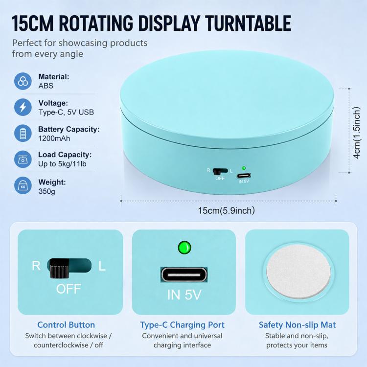 PULUZ 15cm Electric Rotating Display Turntable, 360 Degree Clockwise / Counterclockwise Props Turntable for Photography, Load 1-5kg, 15cm