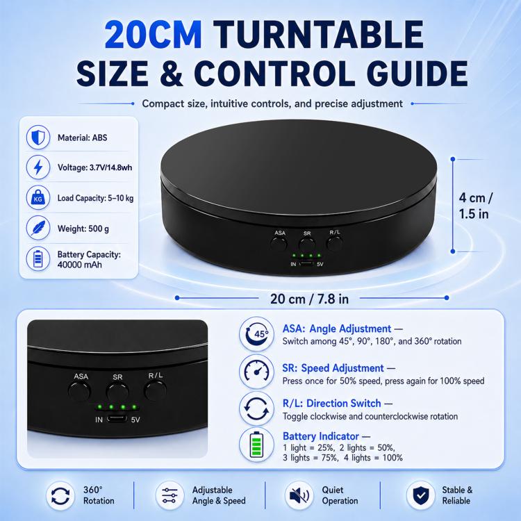 PULUZ 20cm Electric 360 Degree Rotating Display Stand Turntable, Speed / Angle / Direction Adjustable, Load 5-10kg, 20cm
