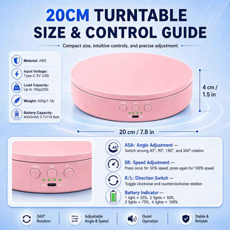PULUZ 20cm Electric 360 Degree Rotating Display Stand Turntable, Speed / Angle / Direction Adjustable, Load 5-10kg, 20cm