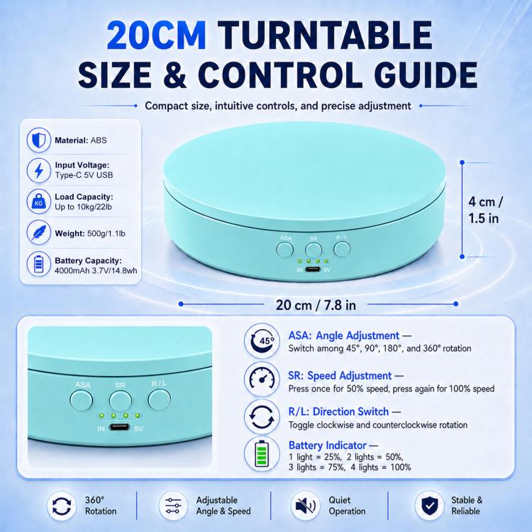 PULUZ 20cm Electric 360 Degree Rotating Display Stand Turntable, Speed / Angle / Direction Adjustable, Load 5-10kg, 20cm