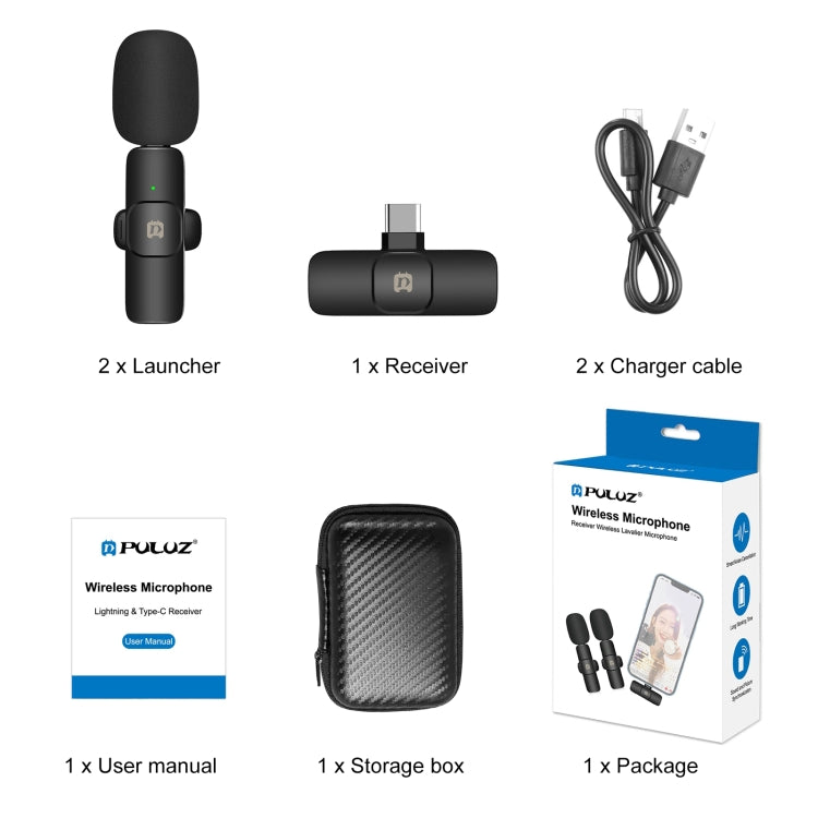PULUZ Wireless Lavalier Noise Reduction Reverb Microphones for Type-C Phone, Type-C Receiver and Dual Microphones