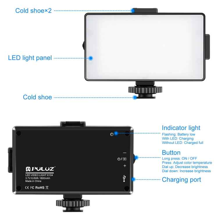 PULUZ 104 LED 3200K / 5600K Dimmable Video Light on-Camera Photography Lighting Fill Light for Canon, Nikon, DSLR Cameras, 104 LED Dimmable Light