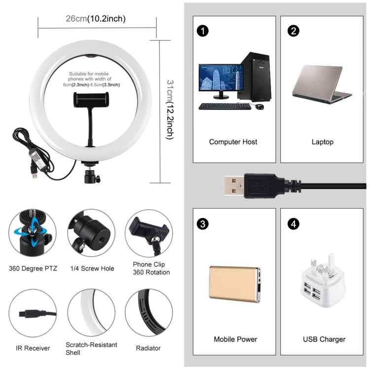 PULUZ 10.2 inch 26cm Curved Surface USB RGBW Dimmable LED Ring Vlogging Photography Video Lights with Tripod Ball Head & Remote Control & Phone Clamp