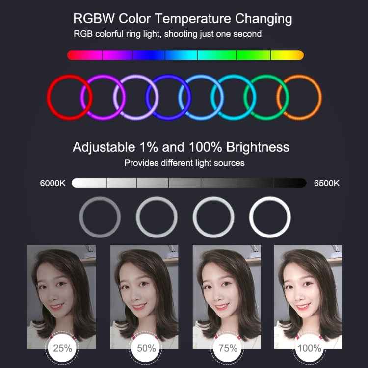 PULUZ 10.2 inch 26cm Curved Surface USB RGBW Dimmable LED Ring Vlogging Photography Video Lights with Tripod Ball Head & Remote Control & Phone Clamp