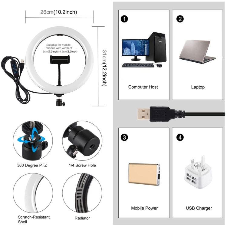 PULUZ 10.2 inch 26cm USB 3 Modes Dimmable Dual Color Temperature LED Curved Diffuse Light Ring Vlogging Selfie Photography Video Lights with Phone Clamp