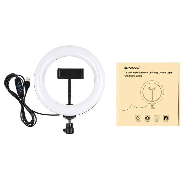 PULUZ 7.9 inch 20cm USB 3 Modes Dimmable Dual Color Temperature LED Curved Light Ring Vlogging Selfie Photography Video Lights with Phone Clamp