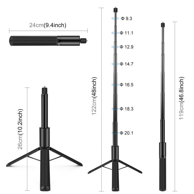 PULUZ 1.22m Retractable Invisible Selfie Stick with Tripod For Insta360 X4 / X3