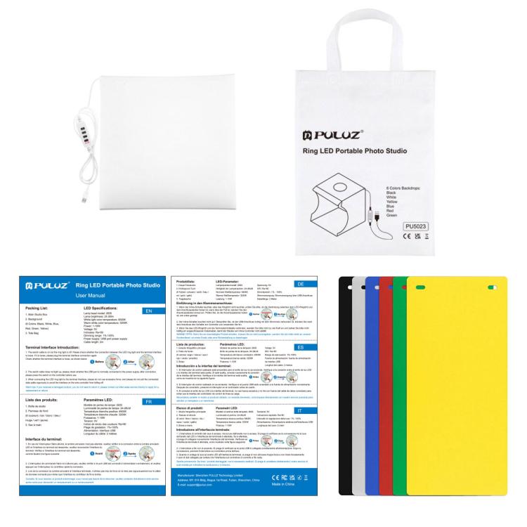 PULUZ 23cm Ring LED Panel Folding Portable Light Photo Lighting Studio Shooting Tent Box Kit with 6 Colors Backdrops (Black, White, Yellow, Red, Green, Blue), Unfold Size: 24cm x 23cm x 23cm