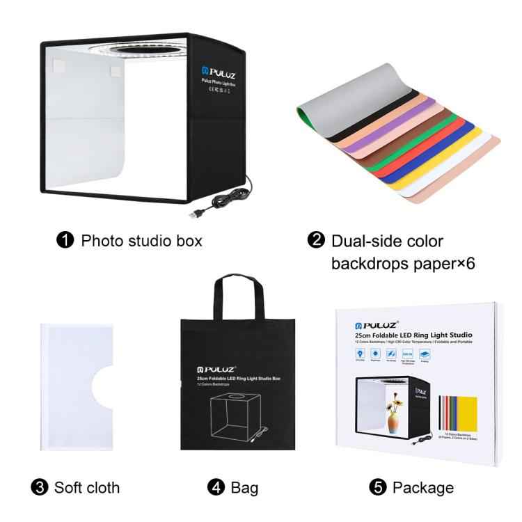 PULUZ 25cm Folding Portable Ring Light Photo Lighting Studio Shooting Tent Box with 12 Colors Backdrops, Size: 25cm x 25cm x 25cm