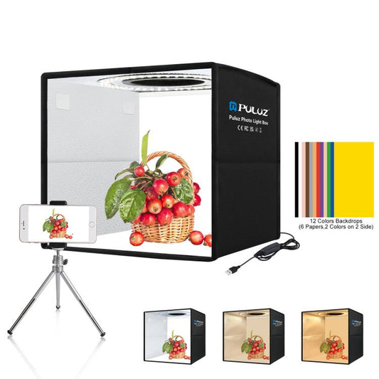 PULUZ 25cm Folding Portable 3 Modes Dual Color Temperature Ring Light Photo Lighting Studio Shooting Tent Box with 6 x Dual-side Color Backdrops, Size: 25cm x 25cm x 25cm