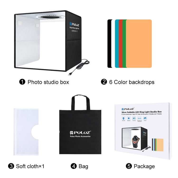 PULUZ 30cm Folding  High 97 CRI Ring Light Photo Lighting Studio Shooting Tent Box Kit with 6 Colors Backdrops (Black, White, Orange, Red, Green, Blue), Unfold Size: 30cm x 30cm x 30cm