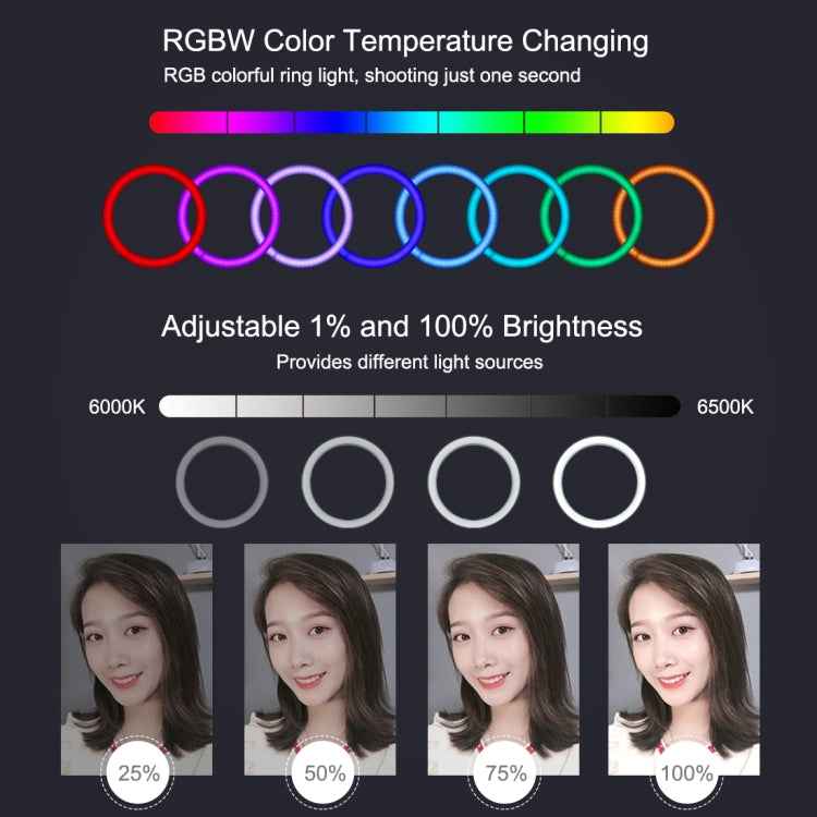 PULUZ 7.9 inch 20cm USB RGB Dimmable LED Dual Color Temperature LED Curved Light Ring Vlogging Selfie Photography Video Lights with Phone Clamp