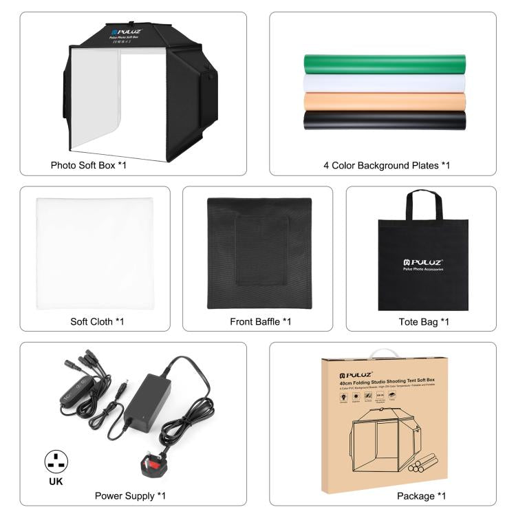 PULUZ 40cm Folding 72W 5500K Studio Shooting Tent Soft Box Photography Lighting Kit with 4 Colors (Black, Orange, White, Green) Backdrops, 40cm Folding 72W(UK Plug), 40cm Folding 72W(US Plug), 40cm Folding 72W(AU Plug), 40cm Folding 72W(EU Plug)