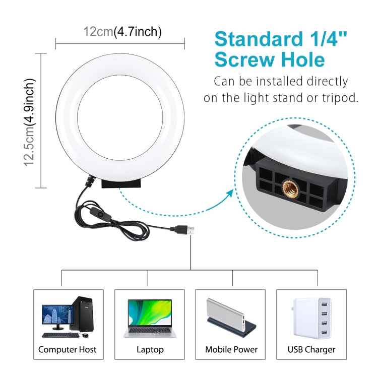 PULUZ 4.7 inch 12cm Curved Surface USB White Light LED Ring Selfie Beauty Vlogging Photography Video Lights