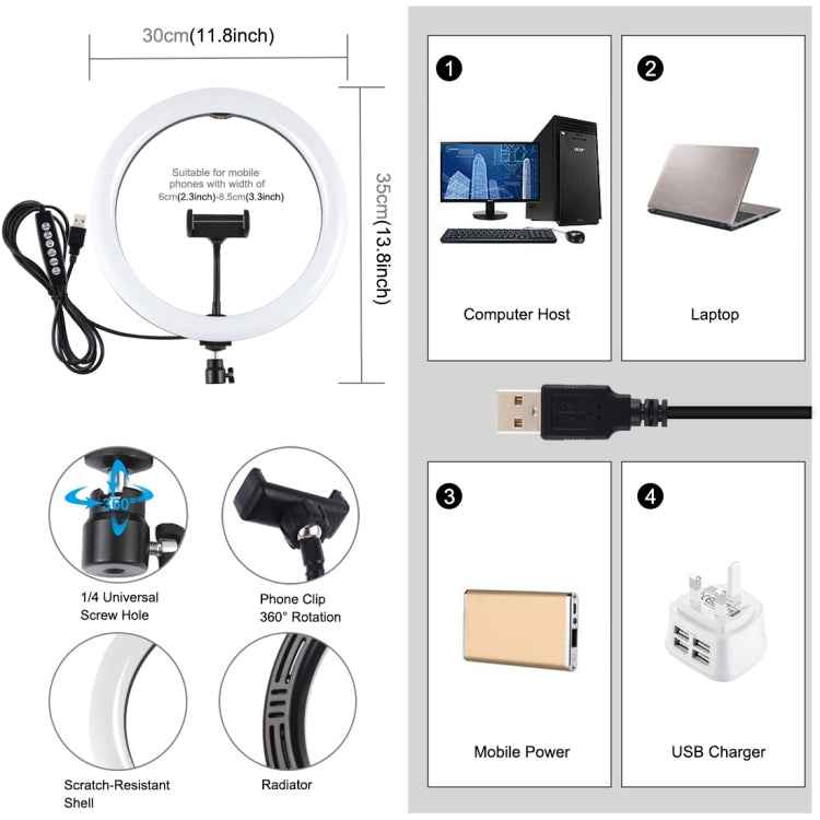 PULUZ 11.8 inch 30cm Curved Surface USB 10 Modes 8 Colors RGBW Dimmable LED Ring Vlogging Photography Video Lights with Tripod Ball Head & Phone Clamp