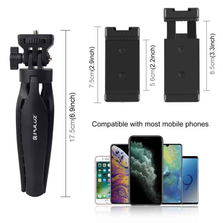 PULUZ Desk Plastic Tripod Mount with Phone Clamp & Adjusting Tripod Head for Smartphones