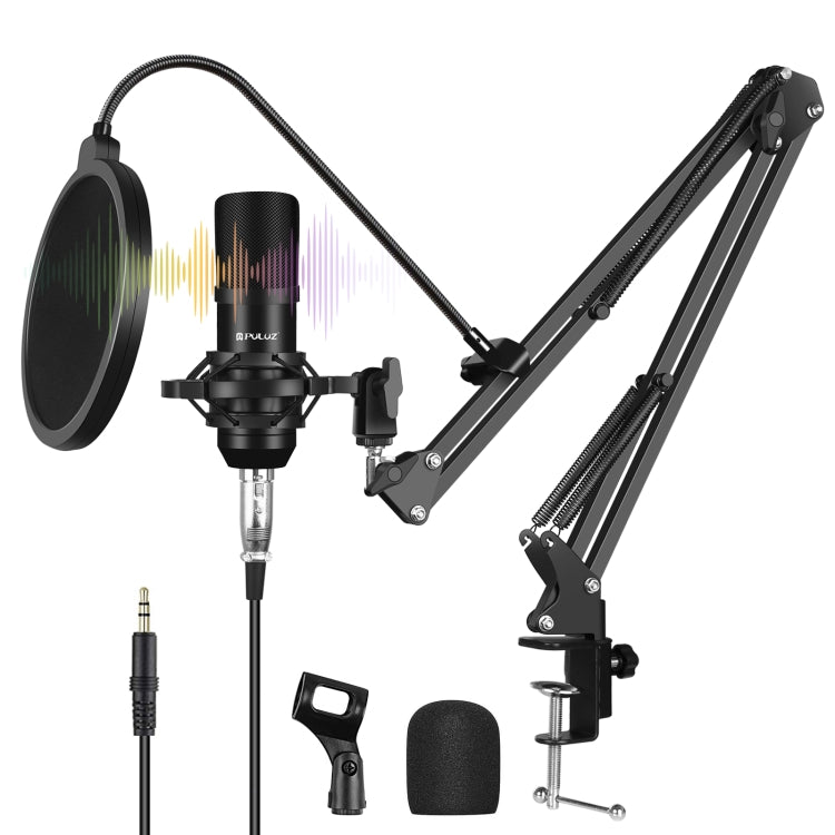 PULUZ Studio Broadcast Professional Singing Microphone Kits with Suspension Scissor Arm & Metal Shock Mount & USB Sound Card, Microphone Kits (Black), Microphone Kits (Silver)