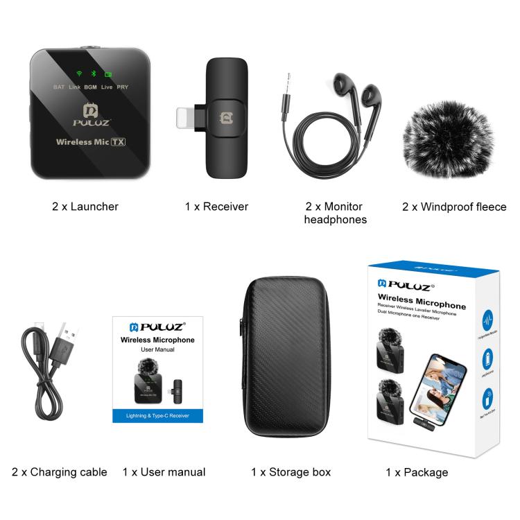 PULUZ Wireless Lavalier Microphone for iPhone / iPad, 8-Pin Receiver and Dual Microphones, 8-Pin 2 TX + 1 RX