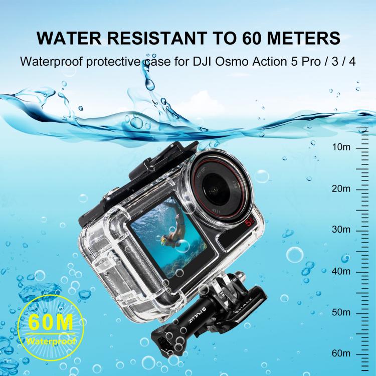 For DJI Osmo Action 5 Pro / 3 / 4 PULUZ 60m Underwater Waterproof Housing Diving Case with Cold Shoe & Buckle Basic Mount & Screw