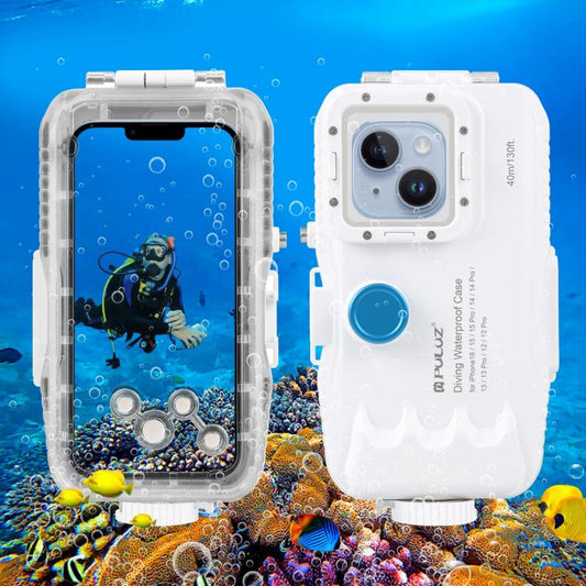 PULUZ 40m/130ft Waterproof Diving Case for iPhone 16 / 15 / 15 Pro / 14 / 14 Pro / 13 / 13 Pro / 12 / 12 Pro, with One-way Valve Photo Video Taking Underwater Housing Cover, For iPhone 16 / 15 / 15 Pro