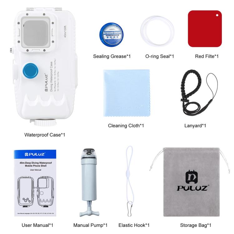 PULUZ 40m/130ft Waterproof Diving Case for iPhone 16 / 15 / 15 Pro / 14 / 14 Pro / 13 / 13 Pro / 12 / 12 Pro, with One-way Valve Photo Video Taking Underwater Housing Cover, For iPhone 16 / 15 / 15 Pro