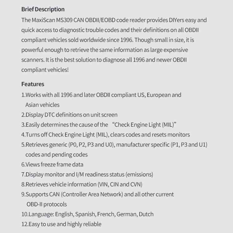 MS309 OBDII / EOBD Fault Coder Reader