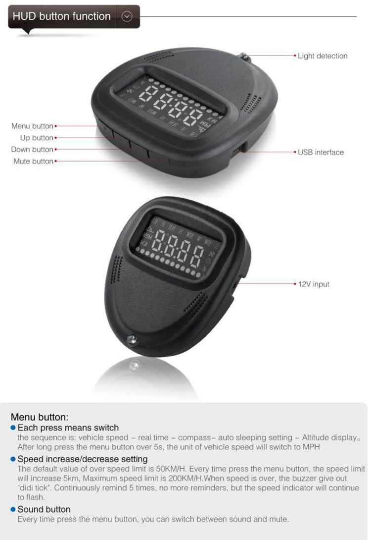 A1 2.0 inch Car GPS HUD Head Up Display Vehicle-mounted Security System, Support Speed & Real Time & Altitude & Over Speed Alarm & Compass & MPH & Auto Sleeping & KM & Satellite Signal